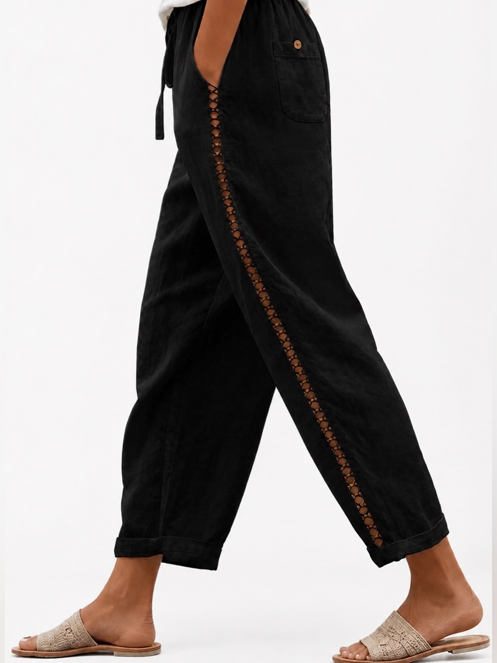 Casual Straight-Leg Drawstring Pants in BLACK with Side Lace Trim Multi Sizes